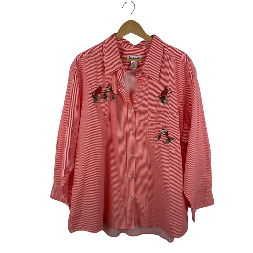 Country Store Red Stripe Cardinal Bird Embroidered Button Up Shirt Size 2X Comfy